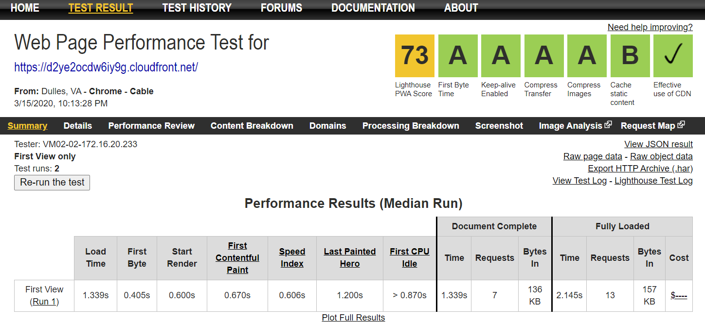 Optimized Backlinko WebPageTest Scores