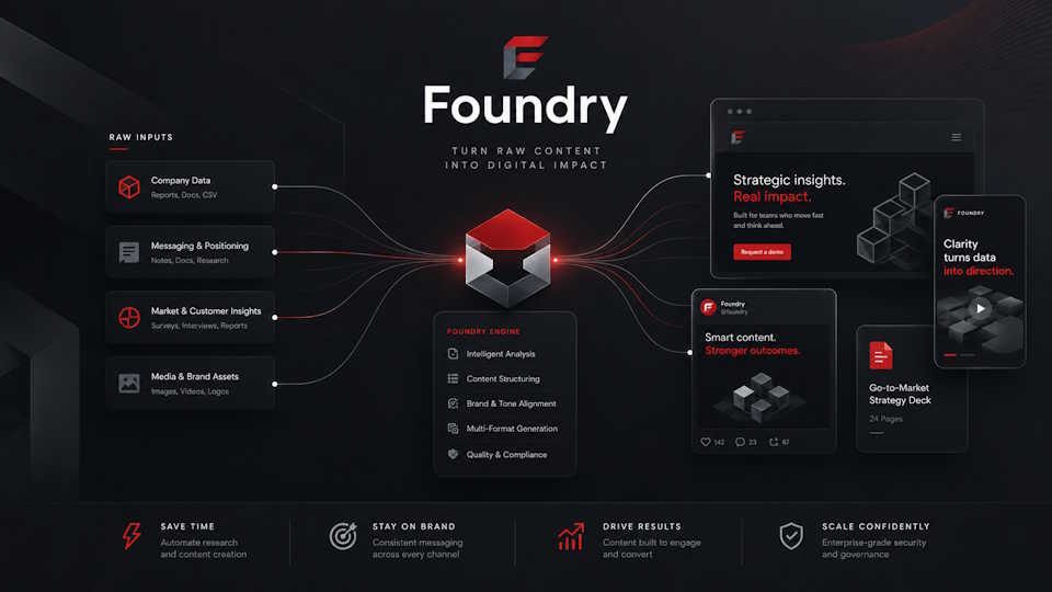 Foundry diagram showing business inputs transformed into website and social media marketing assets