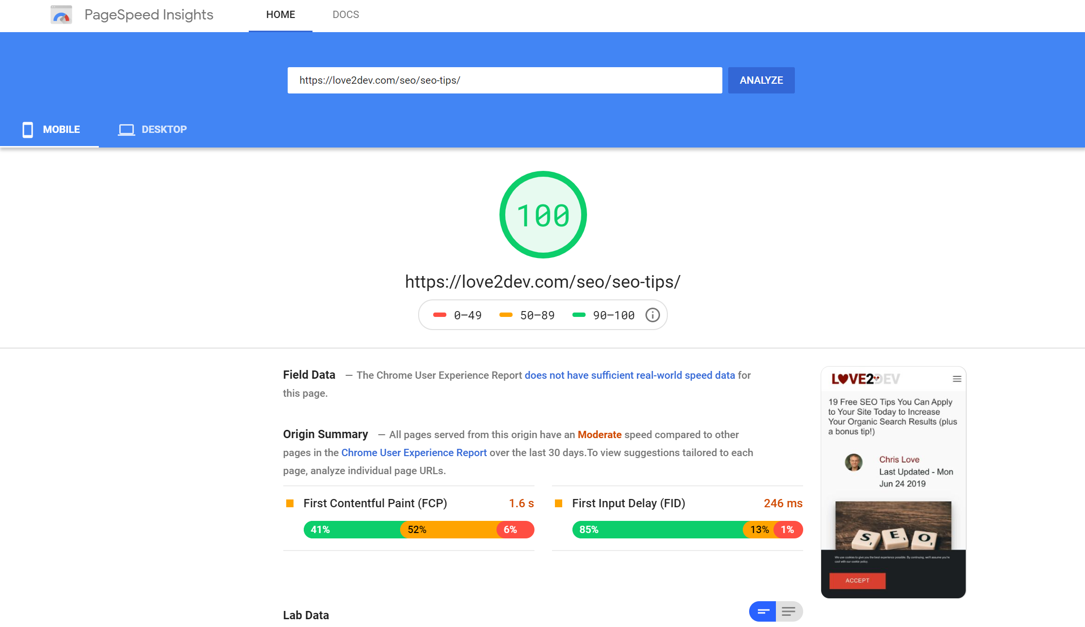 Optimized Backlinko Page Speed Insights 100