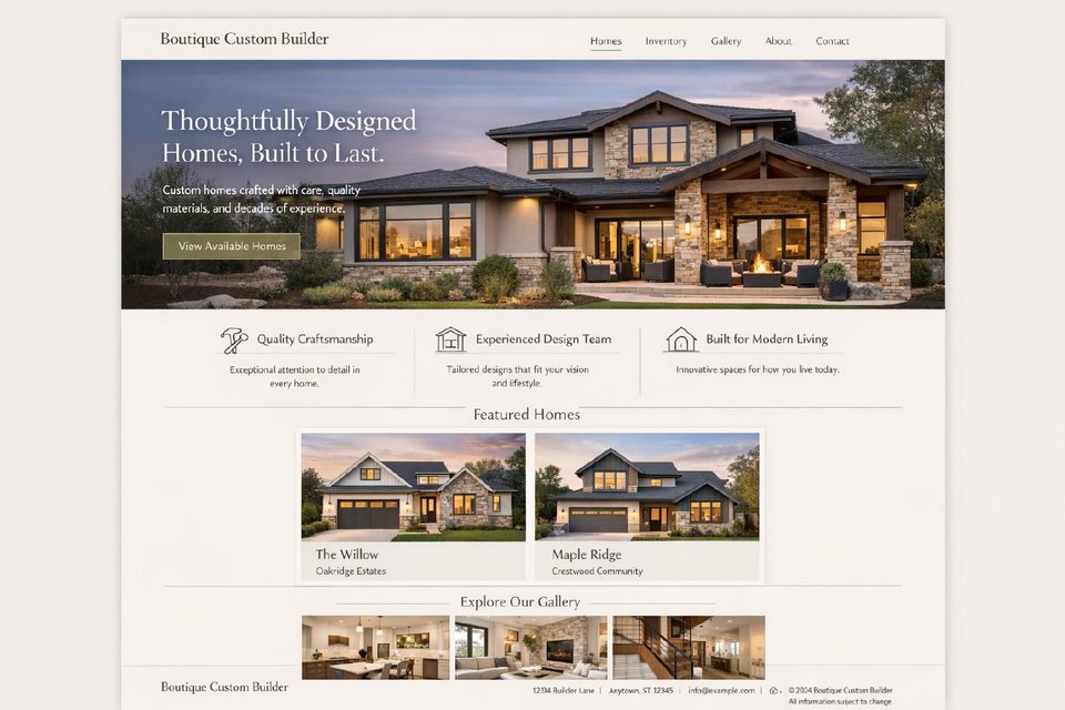 Custom home builder website and property listing preview