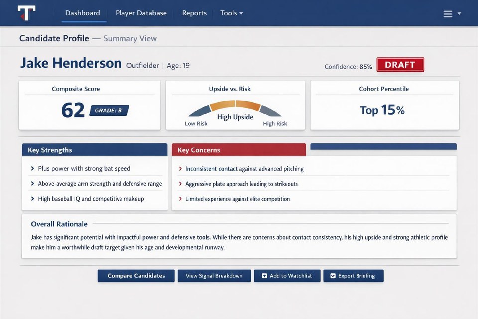 Signal-based evaluation platform sports scouting interface preview