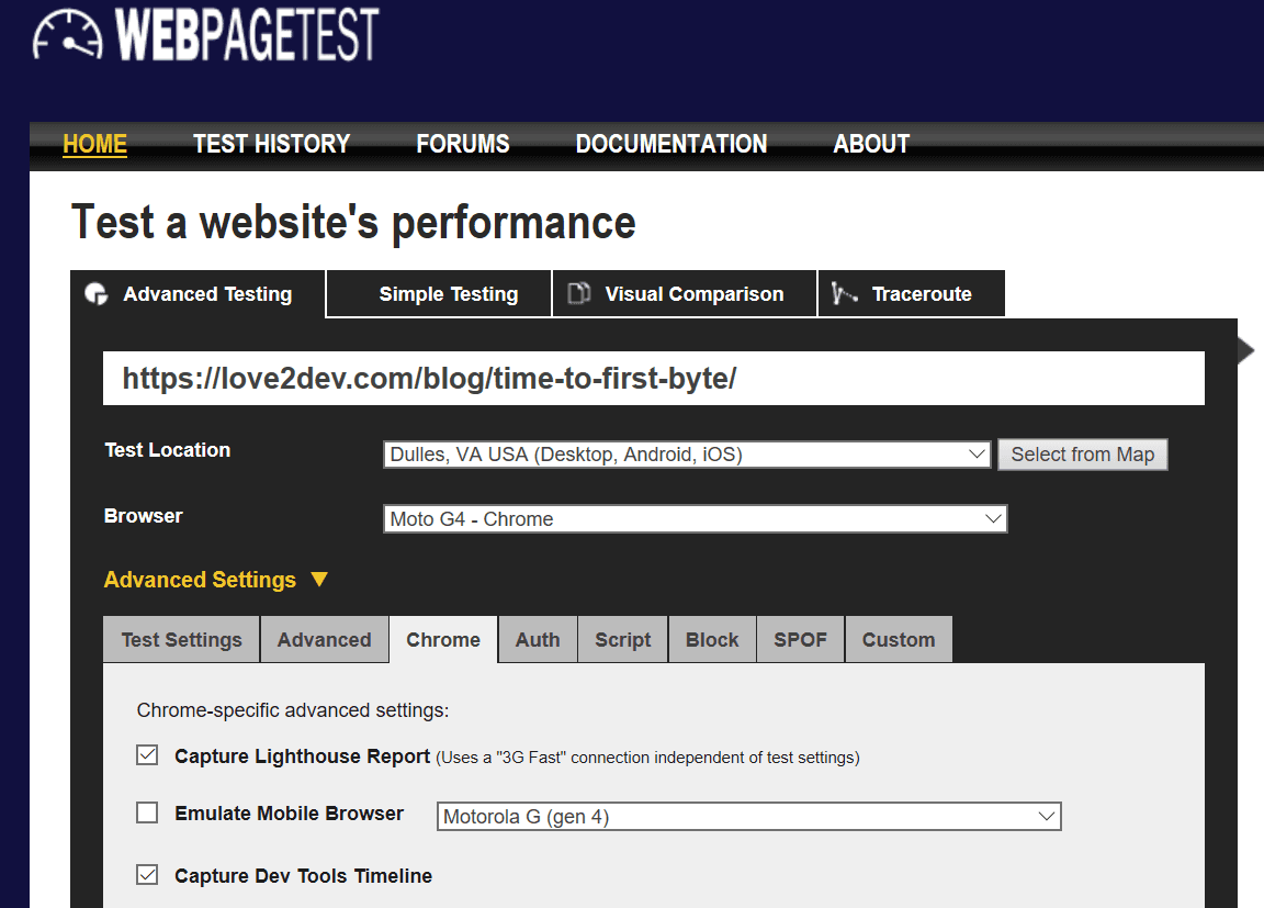 WebPageTest Test Run Setup